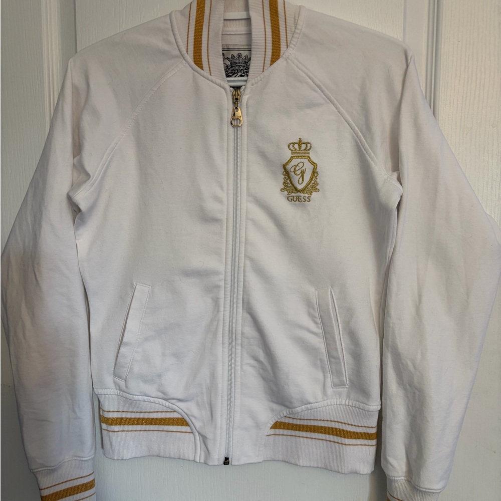 Guess White Zip up Sweater with Gold Details